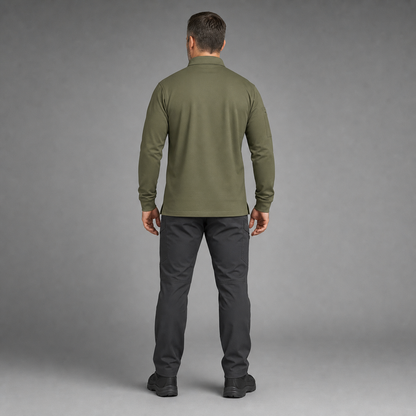 Green tactical polo, full-body rear studio view