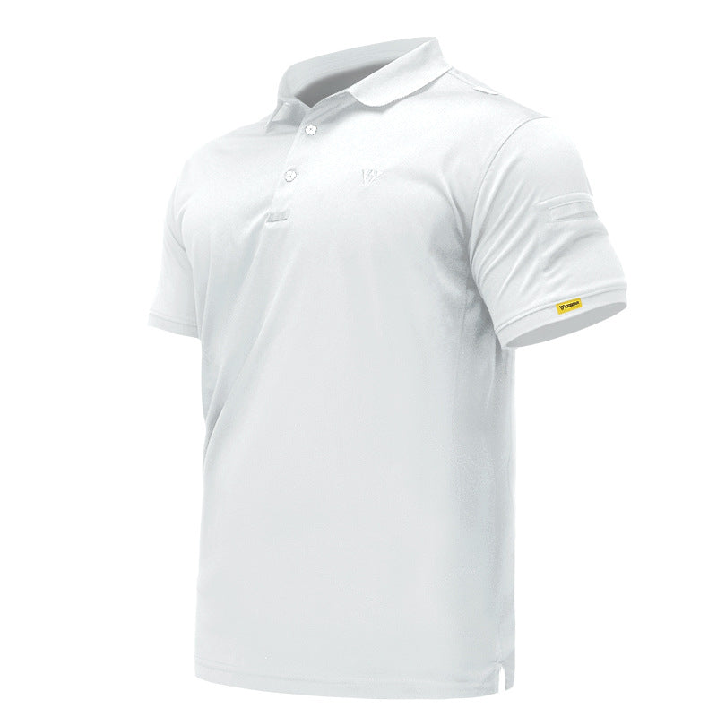 White men’s quick-dry polo shirt, front three-quarter product view on white