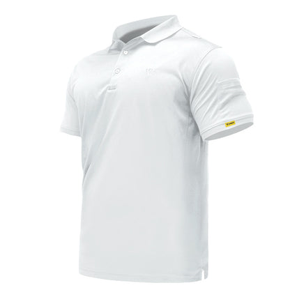 White men’s quick-dry polo shirt, front three-quarter product view on white